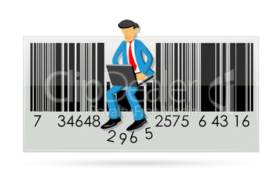 businessman with laptop in barcode