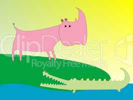 drawing of a crocodile and rhino