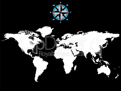white world map with wind rose isolated on black background