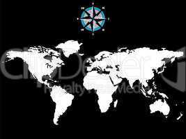 white world map with wind rose isolated on black background