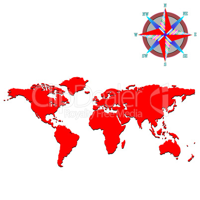 red world map with wind rose