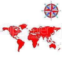 red world map with wind rose