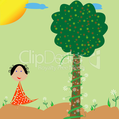 little girl, flowers and tree