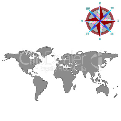 gray world map with wind rose
