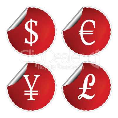 red labels with international currency symbols