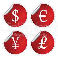 red labels with international currency symbols