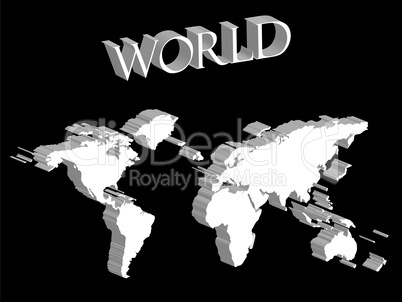 white world map expanded on black background