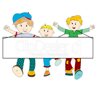 happy kids cartoon with blank banner