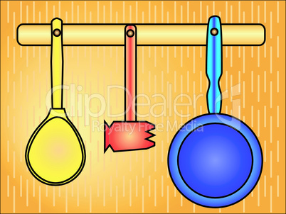 Spoon, hammer and frying pan