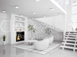 Modern white interior of living room 3d render