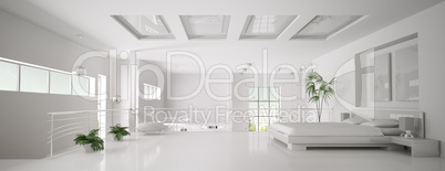 White bedroom interior panorama 3d render