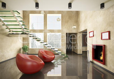 Interior of room with glass staircase and fireplace 3d