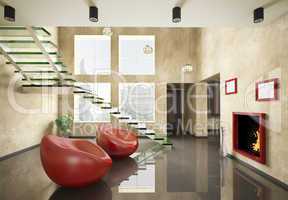 Interior of room with glass staircase and fireplace 3d