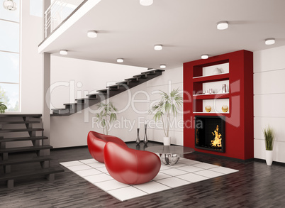 Modern interior with fireplace and staircase 3d render