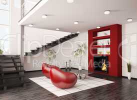 Modern interior with fireplace and staircase 3d render