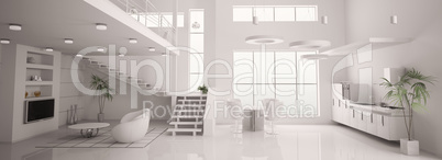 White modern interior panorama 3d render
