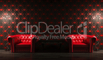 Two red leather armchairs,table  3d render