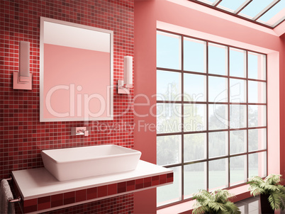 Red bathroom interior 3d render