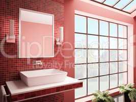 Red bathroom interior 3d render