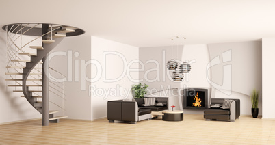 Modern living room interior with stair and fireplace 3d