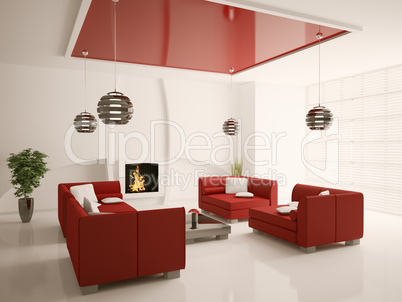 Modern living room interior with fireplace 3d