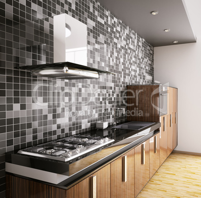 Modern ebony wood kitchen interior 3d