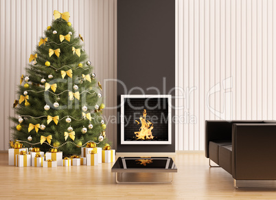 Christmas fir tree in the room with fireplace interior 3d render