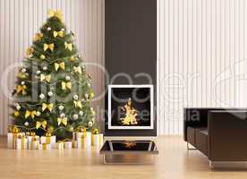 Christmas fir tree in the room with fireplace interior 3d render