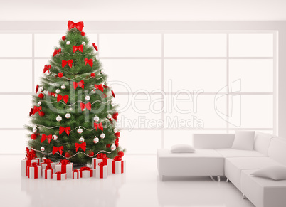 Christmas tree with red decorations in white interior 3d render