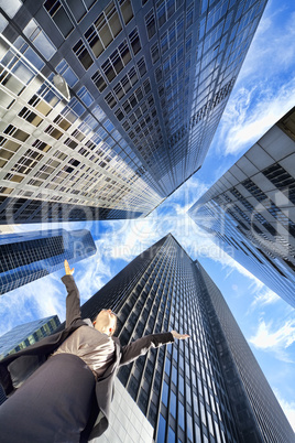 Businesswoman Arms Up in Modern City Office Skyscrapers