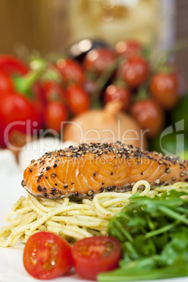 Peppered Salmon Fillet with Spaghetti Pasta Tomatoes and Green S
