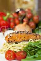 Peppered Salmon Fillet with Spaghetti Pasta Tomatoes and Green S