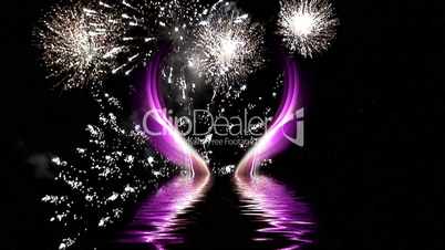 Fireworks explode behind Fractal purple sphere refected on water