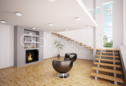 Modern interior with fireplace 3d render
