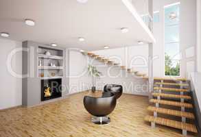 Modern interior with fireplace 3d render