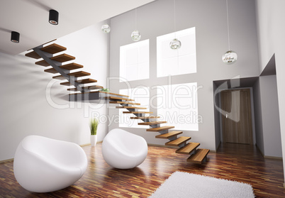 Modern interior with white armchairs and staircase 3d
