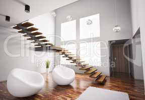 Modern interior with white armchairs and staircase 3d