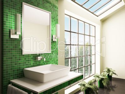Bathroom with big window interior 3d