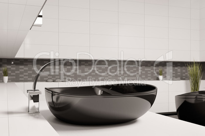 Black washbasin in bathroom 3d