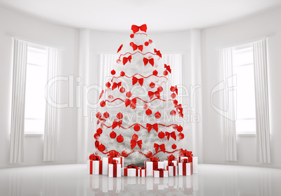 White Christmas tree in the room interior 3d