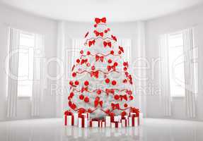 White Christmas tree in the room interior 3d