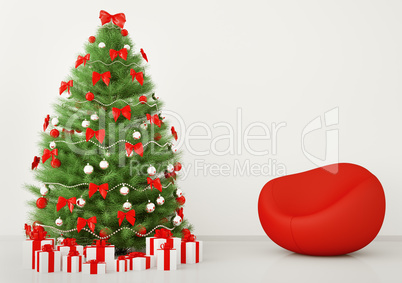 Christmas tree in the room with armchair interior 3d render