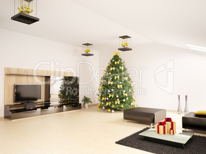 Christmas fir tree in modern living room interior 3d render