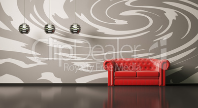 Red sofa in room interior 3d