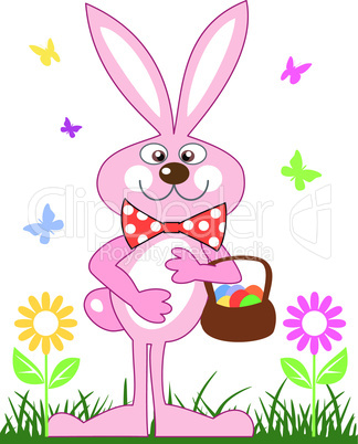 Pink rabbit with a basket of easter eggs