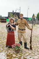 Couple of lady and soldier in retro style picture