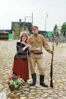 Couple of lady and soldier in retro style picture