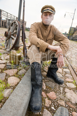 Retro style picture with smoking soldier.