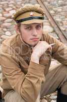 Retro style picture with resting soldier.