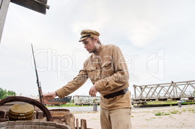 Soldier with  gun in retro style picture